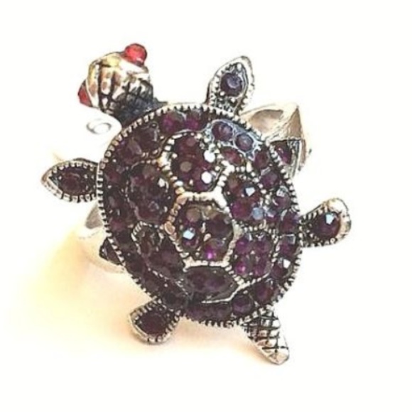 Silver Sea Turtle Ring Size 9 Purple Crystal Nautical Plated Island Beach Cute - Picture 4 of 8